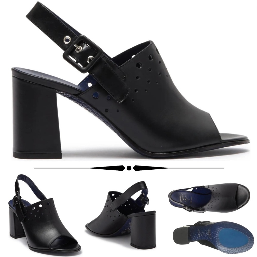 VALENTINA RANGONI Carmine Block Heel Peep Toe Mule Black Leather Heeled Sandals - Picture 5 of 11
